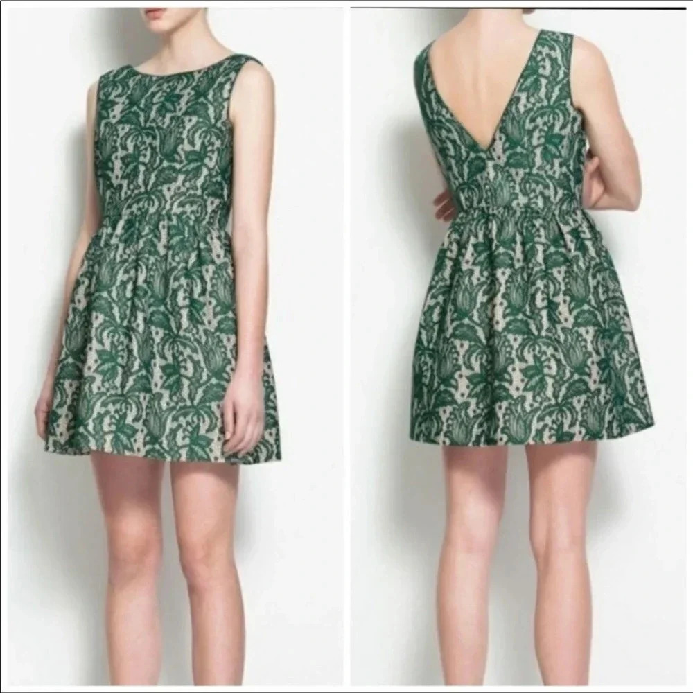 Zara Green Tulip Lace Dress V-Back Mini